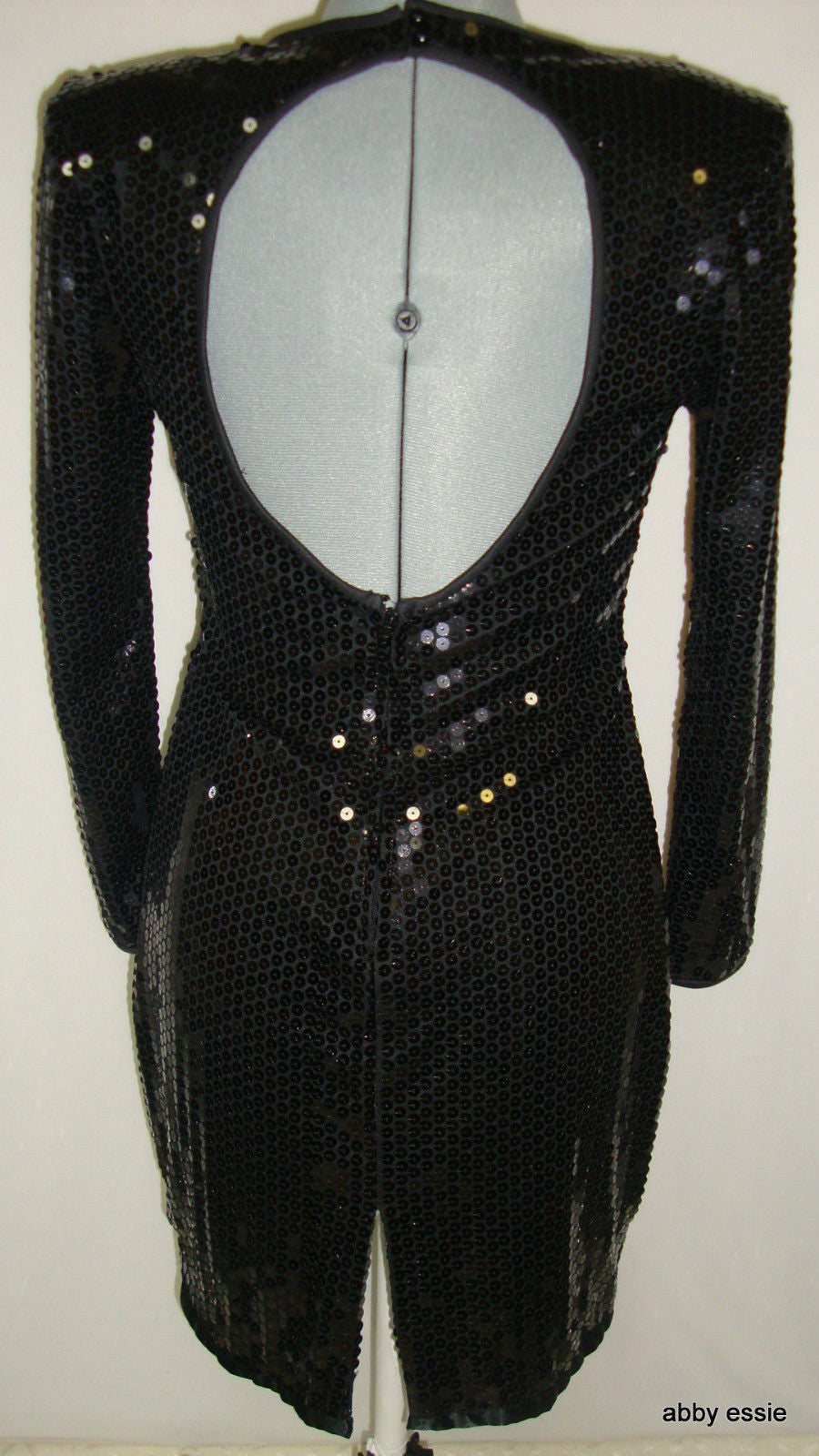 Vintage Black Sequin Stretch Open Back Wiggle Cocktail Dress 10 Medium Ld-2428 Abby Essie