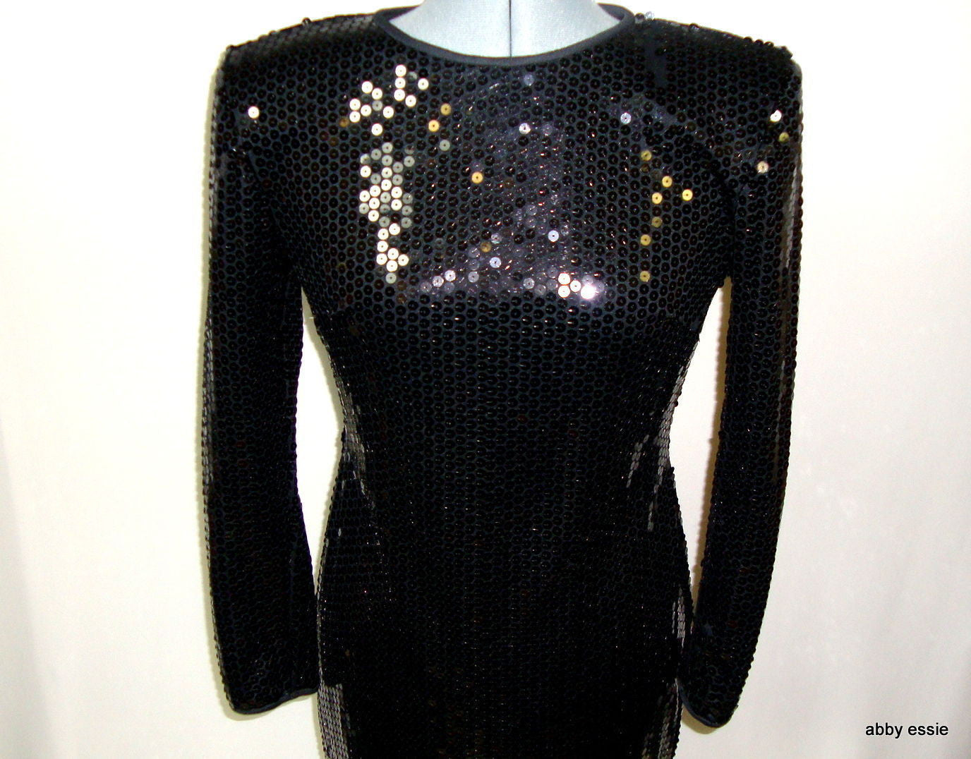 Vintage Black Sequin Stretch Open Back Wiggle Cocktail Dress 10 Medium Ld-2428 Abby Essie