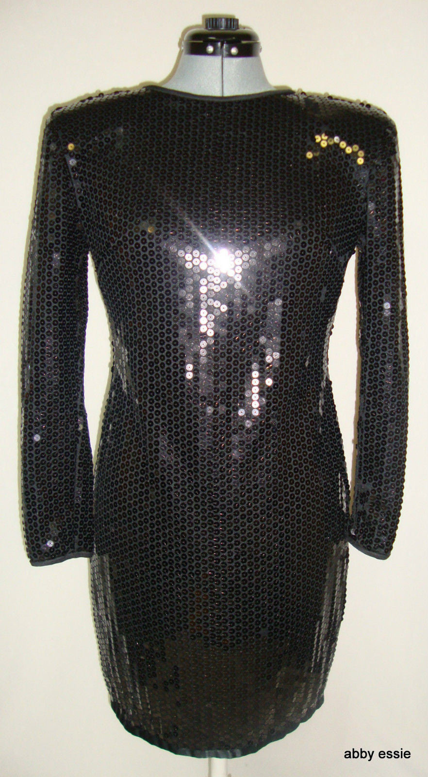 Vintage Black Sequin Stretch Open Back Wiggle Cocktail Dress 10 Medium Ld-2428 Abby Essie