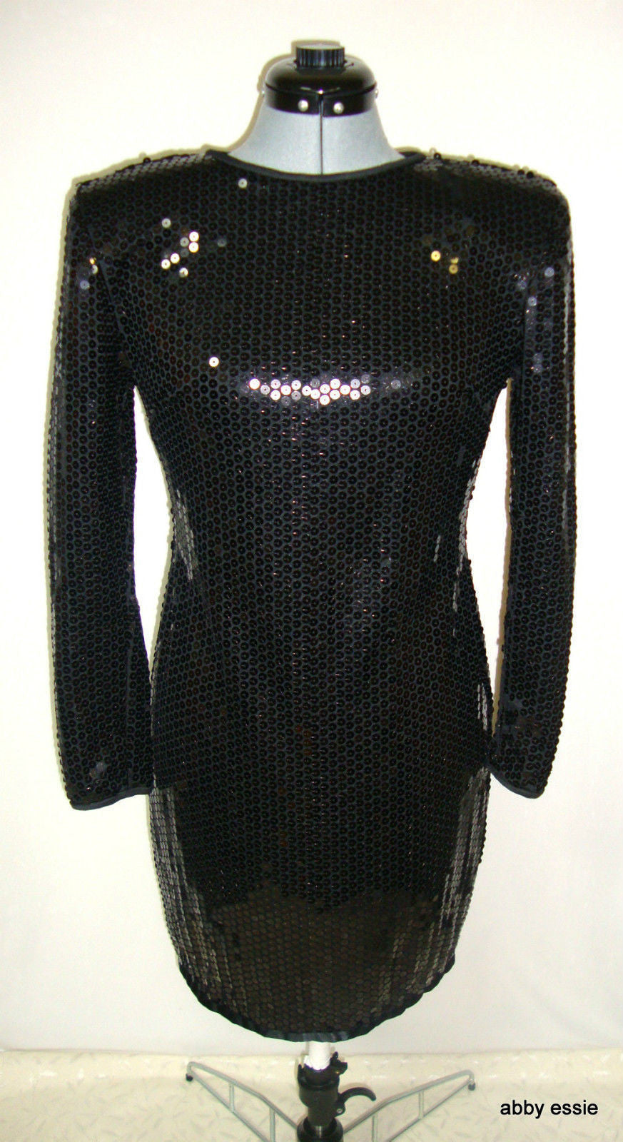 Vintage Black Sequin Stretch Open Back Wiggle Cocktail Dress 10 Medium Ld-2428 Abby Essie