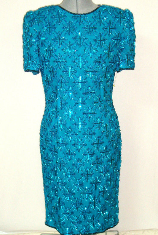 Vintage Stenay Blue Turquoise Sequin Silk Trophy Cocktail Dress Abby Essie