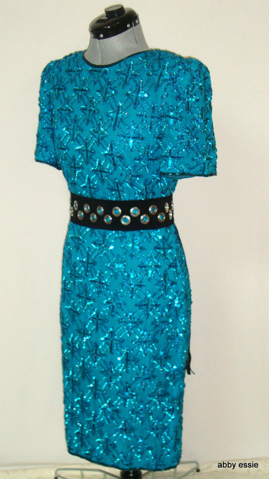 Vintage Stenay Blue Turquoise Sequin Silk Trophy Cocktail Dress Abby Essie