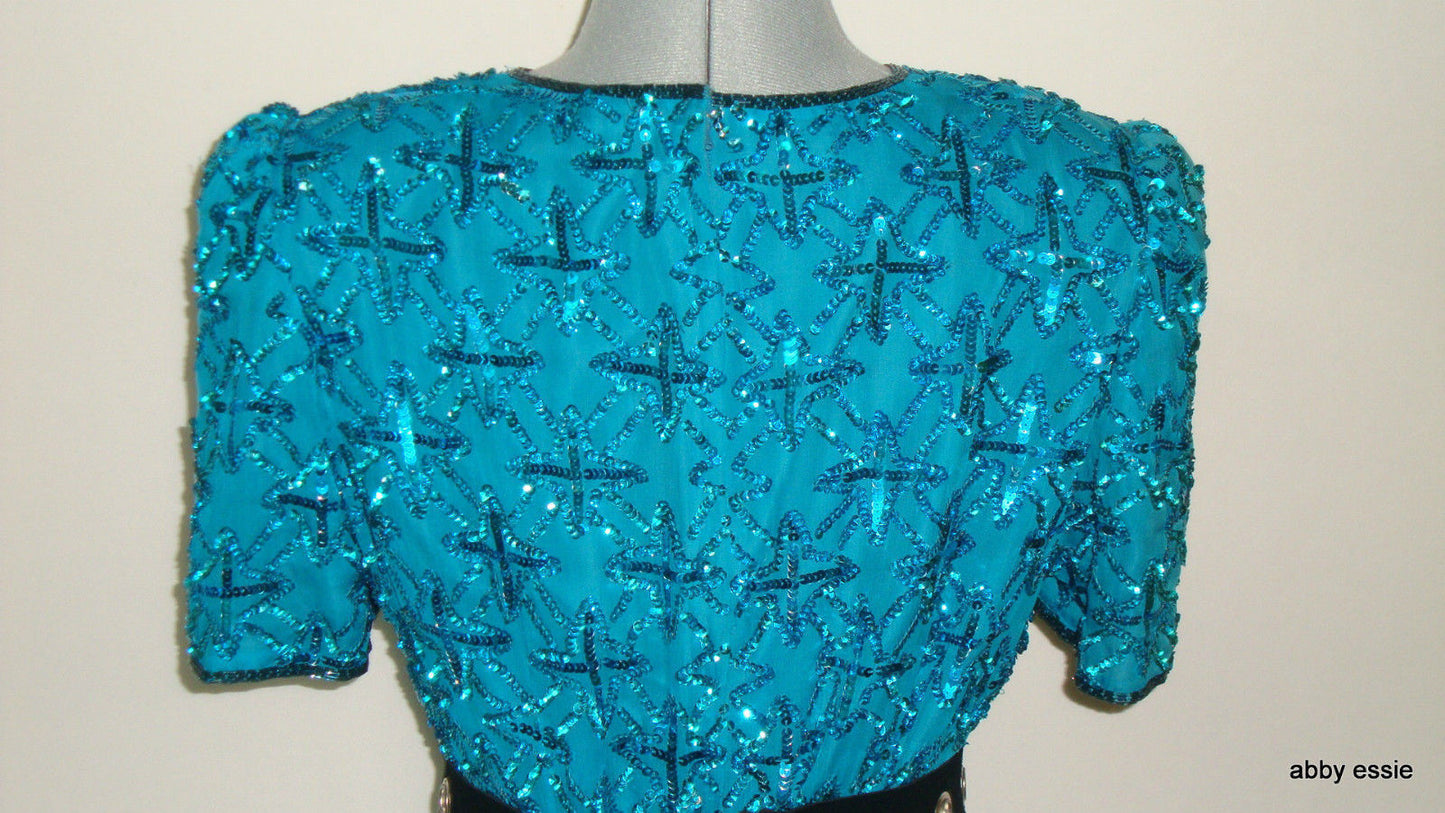 Vintage Stenay Blue Turquoise Sequin Silk Trophy Cocktail Dress Abby Essie