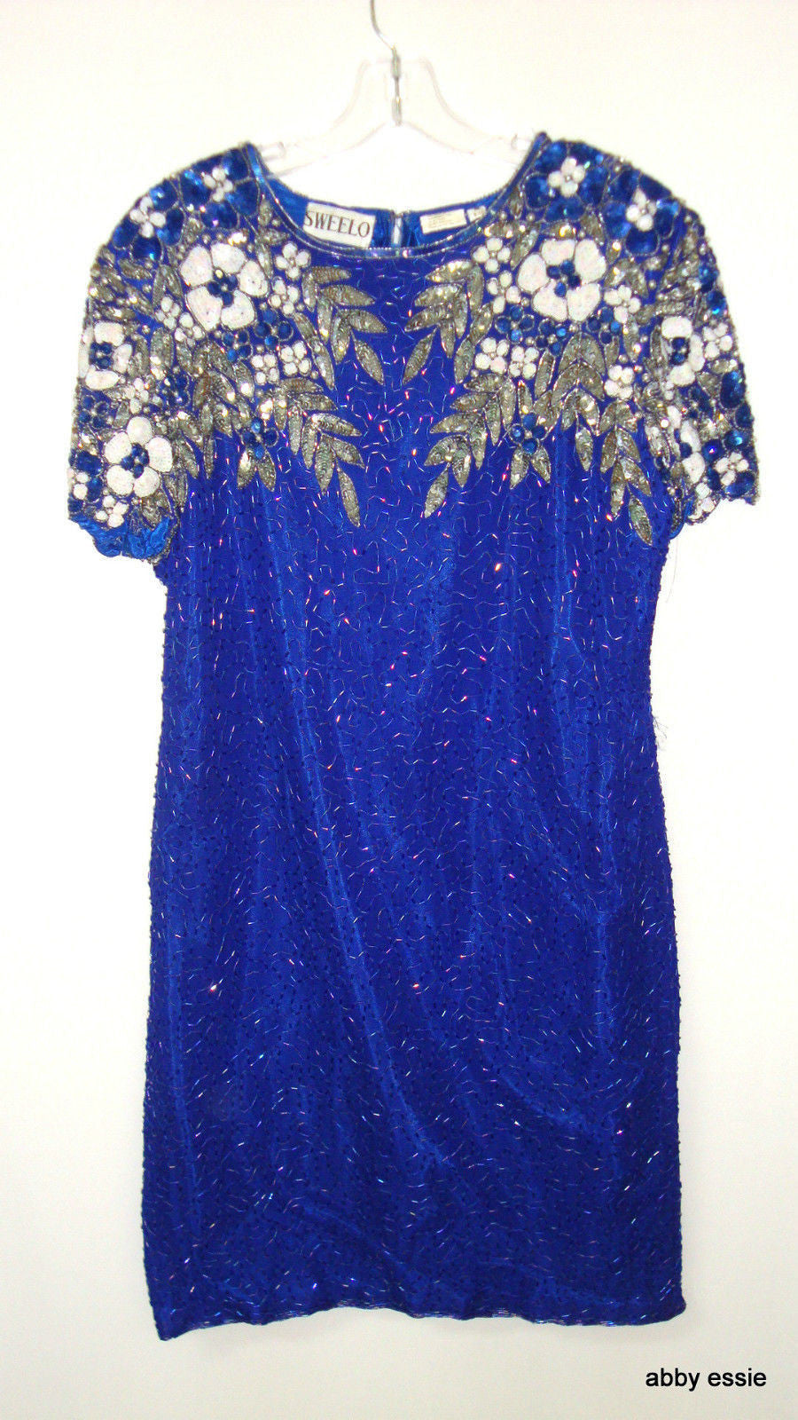 Vintage Royal Blue Silk Sequin Beaded Cocktail Dress Abby Essie