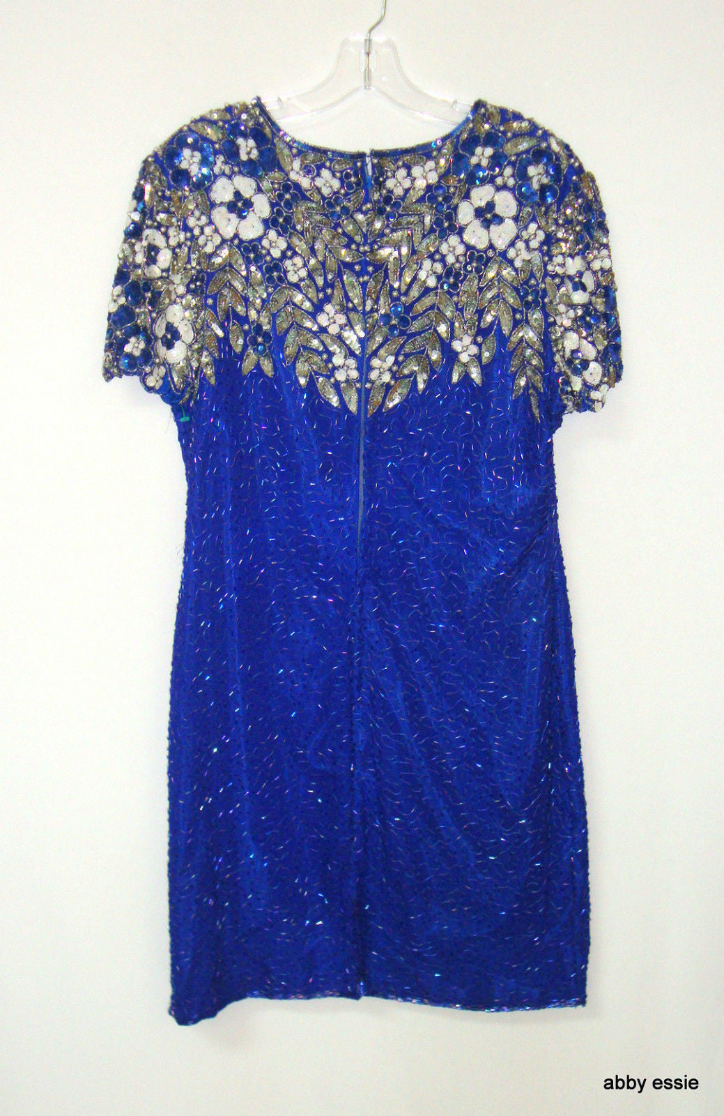 Vintage Royal Blue Silk Sequin Beaded Cocktail Dress Abby Essie