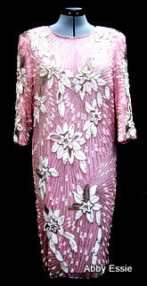 Rare Vintage Nina Couture Light Pink Sequined & Beaded Silk Deco Great Gatsby Flapper Gown Sz Medium Abby Essie