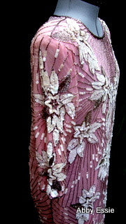 Rare Vintage Nina Couture Light Pink Sequined & Beaded Silk Deco Great Gatsby Flapper Gown Sz Medium Abby Essie