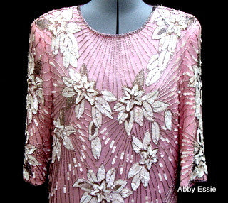 Rare Vintage Nina Couture Light Pink Sequined & Beaded Silk Deco Great Gatsby Flapper Gown Sz Medium