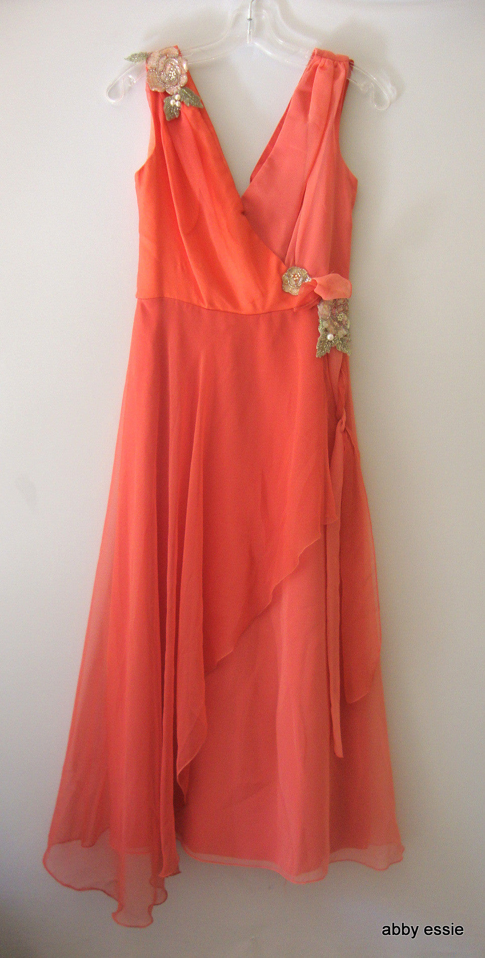 Vintage Bianchi Pink Peach Silver Sequin Grecian Layered Silky Dress Small 2 4 Ld-2708