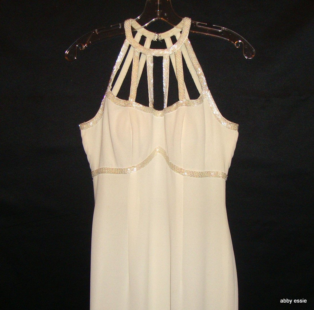 Vintage Cream White Beaded Silk Cage Formal Prom Gown Abby Essie