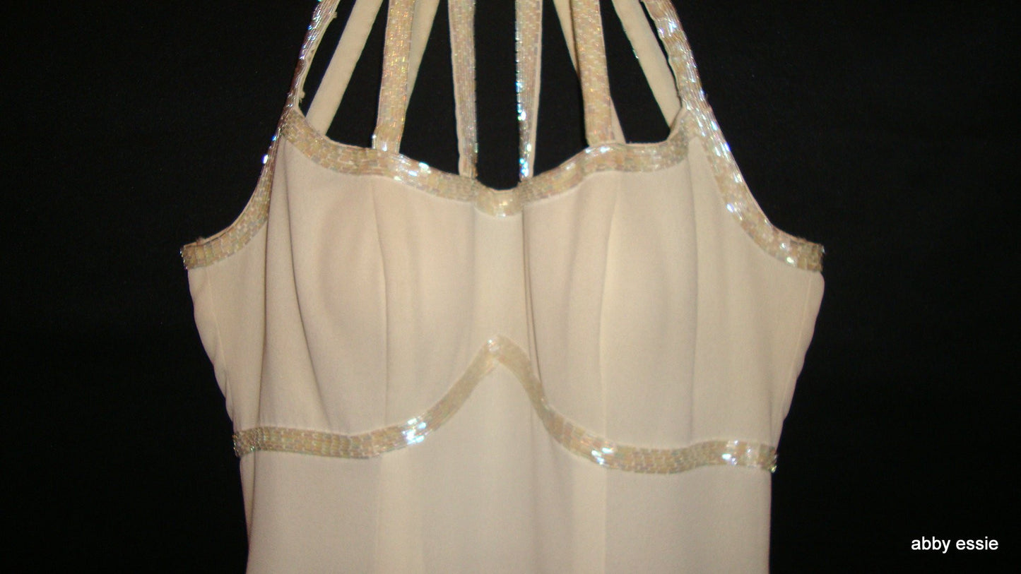 Vintage Cream White Beaded Silk Cage Formal Prom Gown