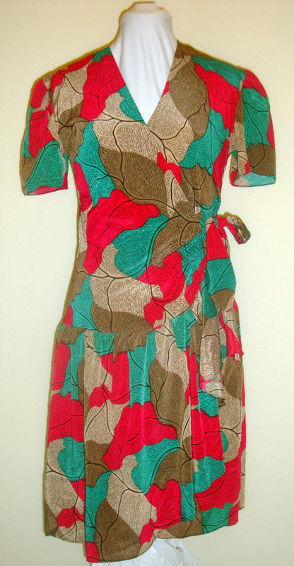 Vintage Tan Brown Green Short Sleeve 80s Foliage Wrap Dress