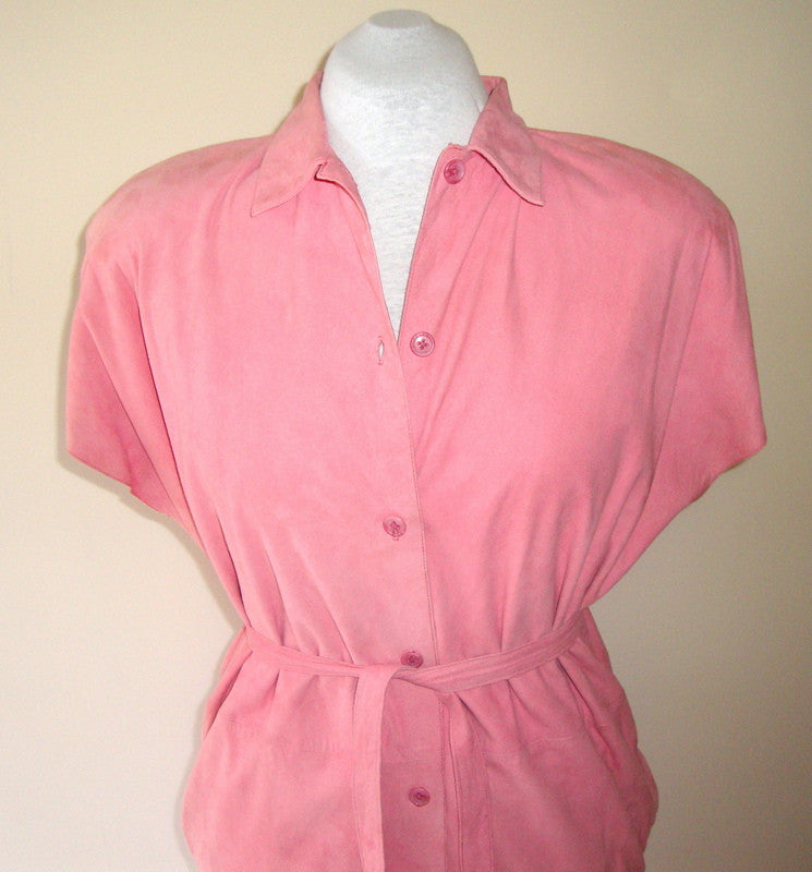 [SOLD] Vintage ALICIA HERRERA Pink Suede 80s Short Sleeve Shirt Dress