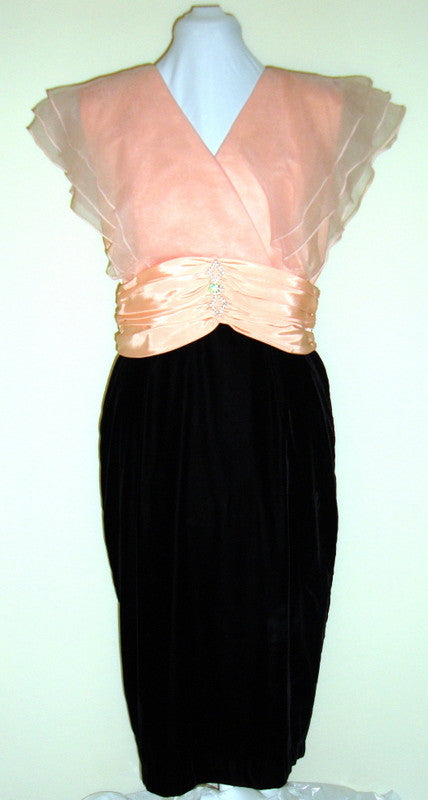Vintage Peach Chiffon And Velvet Dress Rhinestone Abby Essie