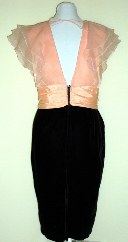 Vintage Peach Chiffon And Velvet Dress Rhinestone