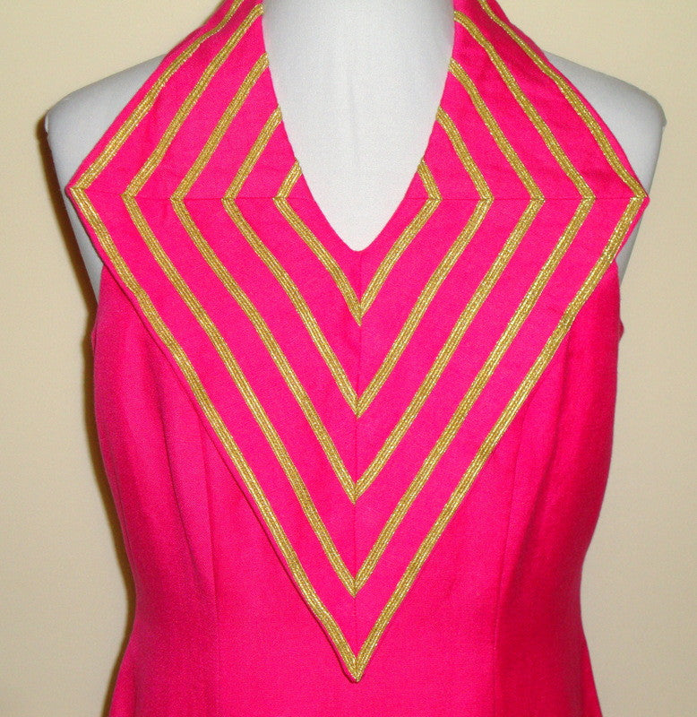 Vintage Lalaldi Hot Pink Fuschia Linen Gold Detailed Diamond Collar Dress