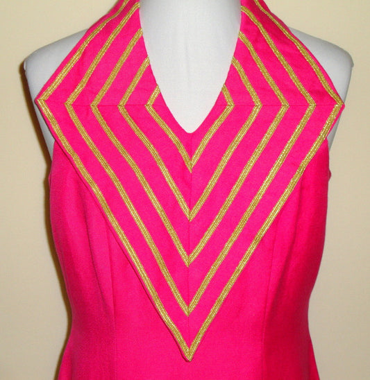 Vintage Lalaldi Hot Pink Fuschia Linen Gold Detailed Diamond Collar Dress Abby Essie
