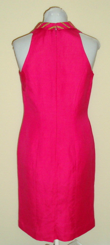 Vintage Lalaldi Hot Pink Fuschia Linen Gold Detailed Diamond Collar Dress