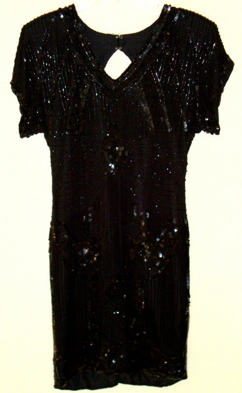Vtg Black Sequined Beaded Silk Cocktail Flapper Great Gatsby Dress Abby Essie