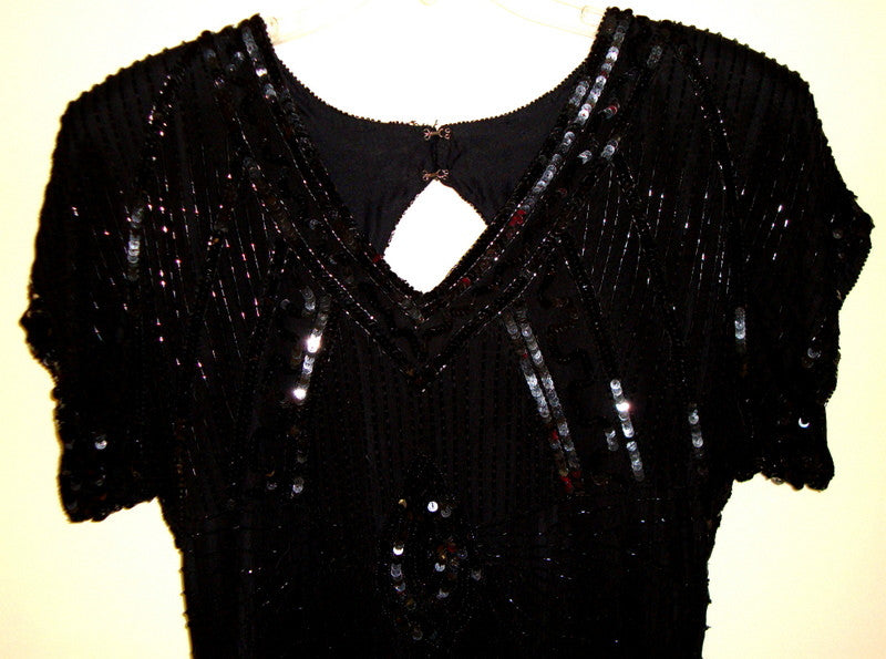 Vtg Black Sequined Beaded Silk Cocktail Flapper Great Gatsby Dress Abby Essie