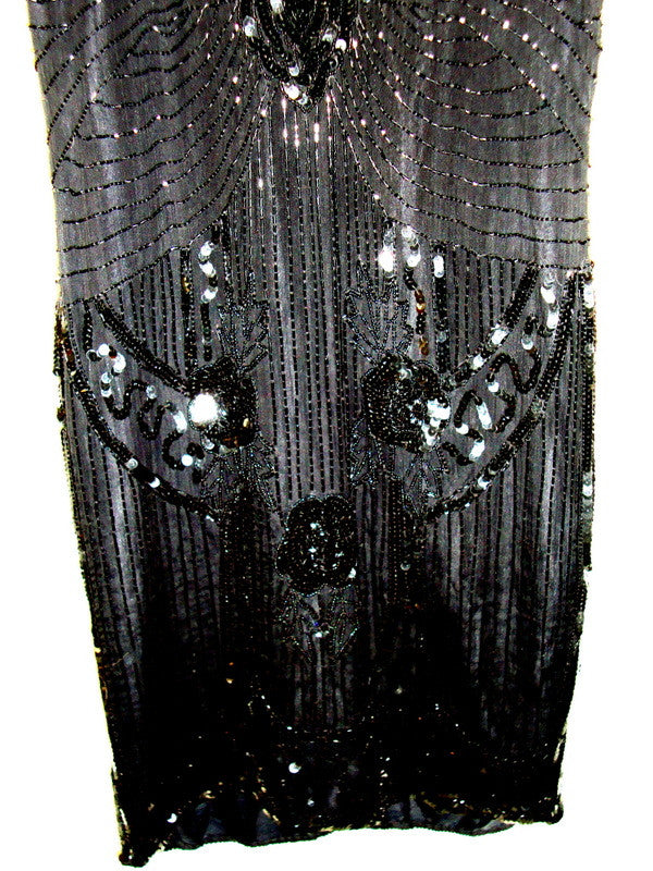 Vtg Black Sequined Beaded Silk Cocktail Flapper Great Gatsby Dress Abby Essie