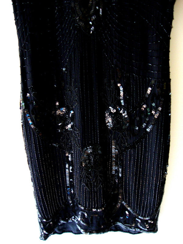 Vtg Black Sequined Beaded Silk Cocktail Flapper Great Gatsby Dress Abby Essie