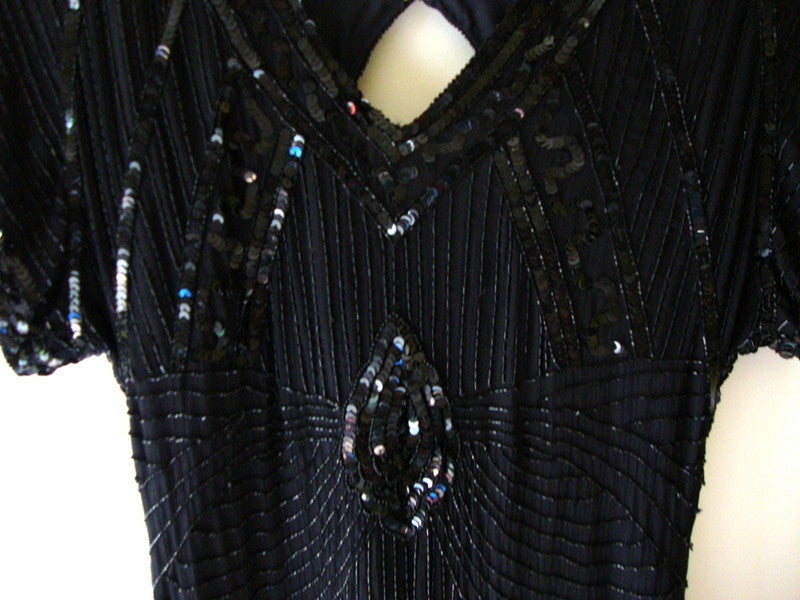 Vtg Black Sequined Beaded Silk Cocktail Flapper Great Gatsby Dress Abby Essie