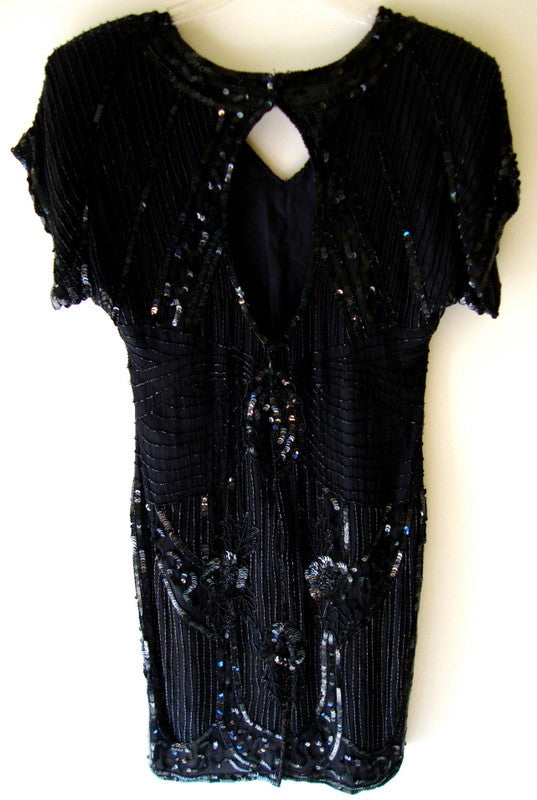 Vtg Black Sequined Beaded Silk Cocktail Flapper Great Gatsby Dress Abby Essie