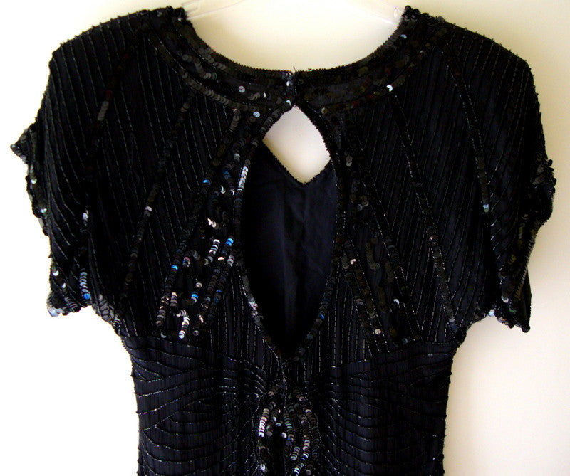 Vtg Black Sequined Beaded Silk Cocktail Flapper Great Gatsby Dress