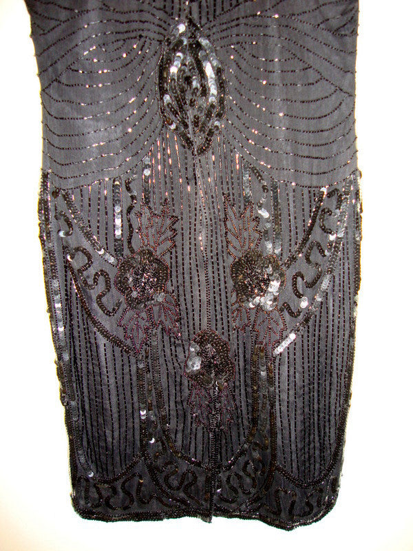 Vtg Black Sequined Beaded Silk Cocktail Flapper Great Gatsby Dress Abby Essie