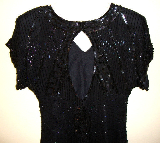 Vtg Black Sequined Beaded Silk Cocktail Flapper Great Gatsby Dress Abby Essie