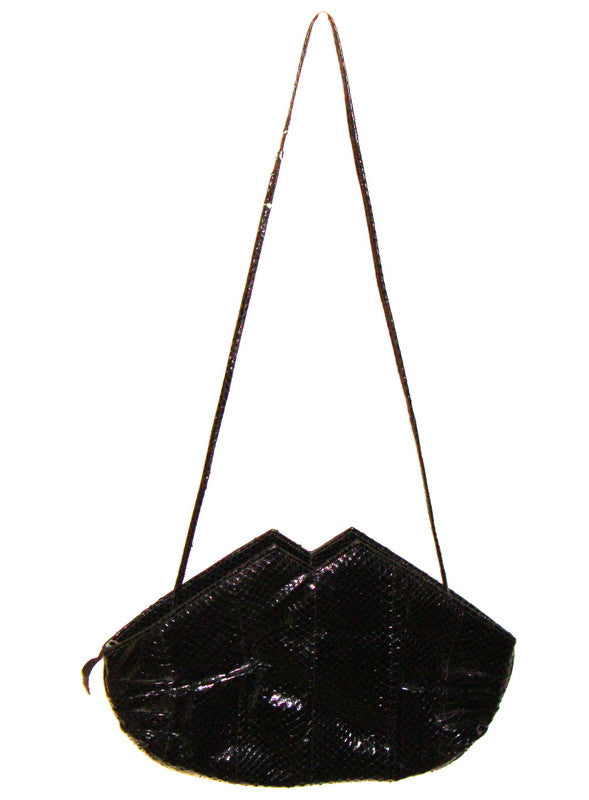Vtg Black Authentic Snakeskin Leather Bag W/ Twin Peak Design