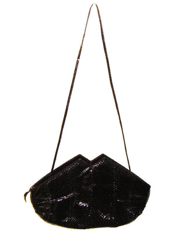 Vtg Black Authentic Snakeskin Leather Bag W/ Twin Peak Design Abby Essie
