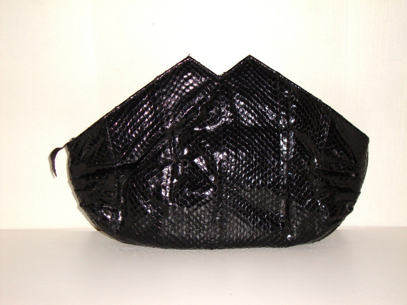 Vtg Black Authentic Snakeskin Leather Bag W/ Twin Peak Design Abby Essie