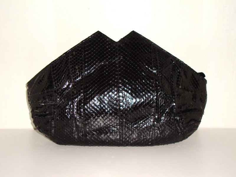 Vtg Black Authentic Snakeskin Leather Bag W/ Twin Peak Design Abby Essie