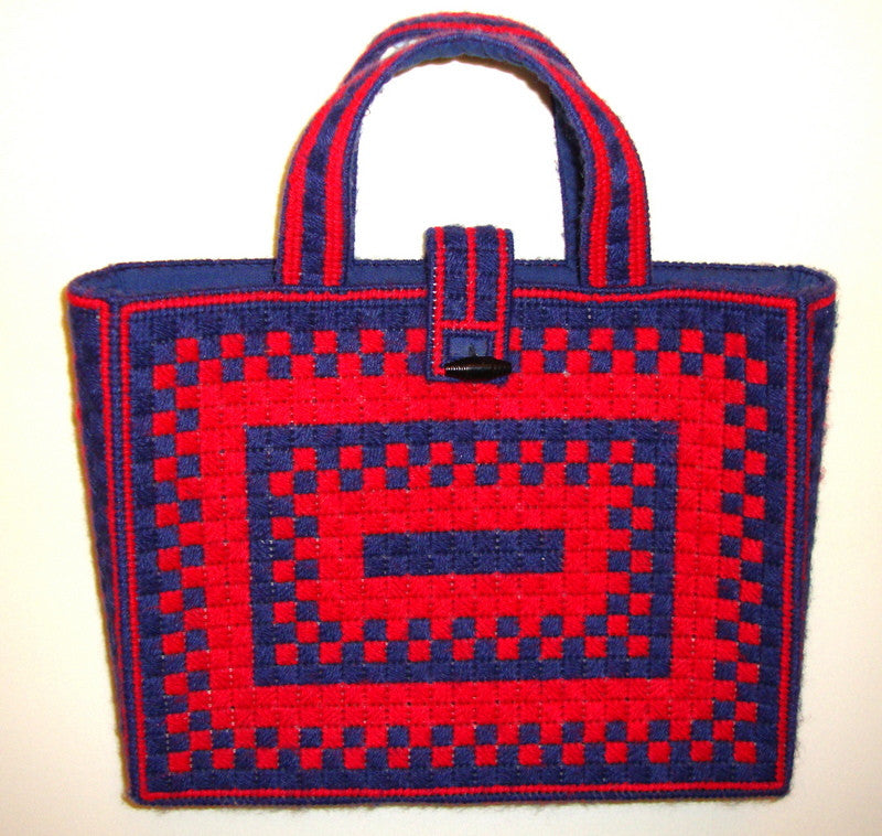 [VINTAGE]  AMERICANA TOTE [VINTAGE] RED & NAVY BLUE HAND CROCHET GEOMETRIC BAG