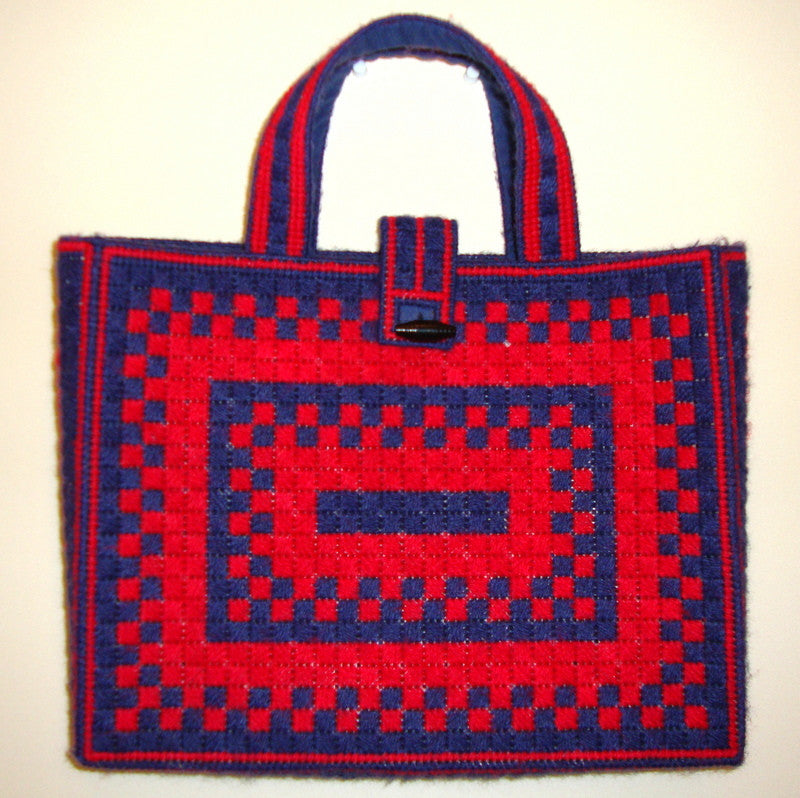[VINTAGE]  AMERICANA TOTE [VINTAGE] RED & NAVY BLUE HAND CROCHET GEOMETRIC BAG