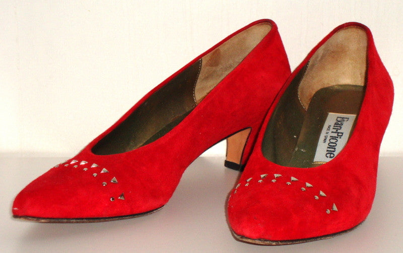 Vintage Red Suede Studded Kitten Heel 80s Pumps