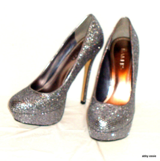 BAKERS SILVER GLITTER METALLIC COCKTAIL CLUB WEDDING STILETTO PUMPS 6.5M Abby Essie