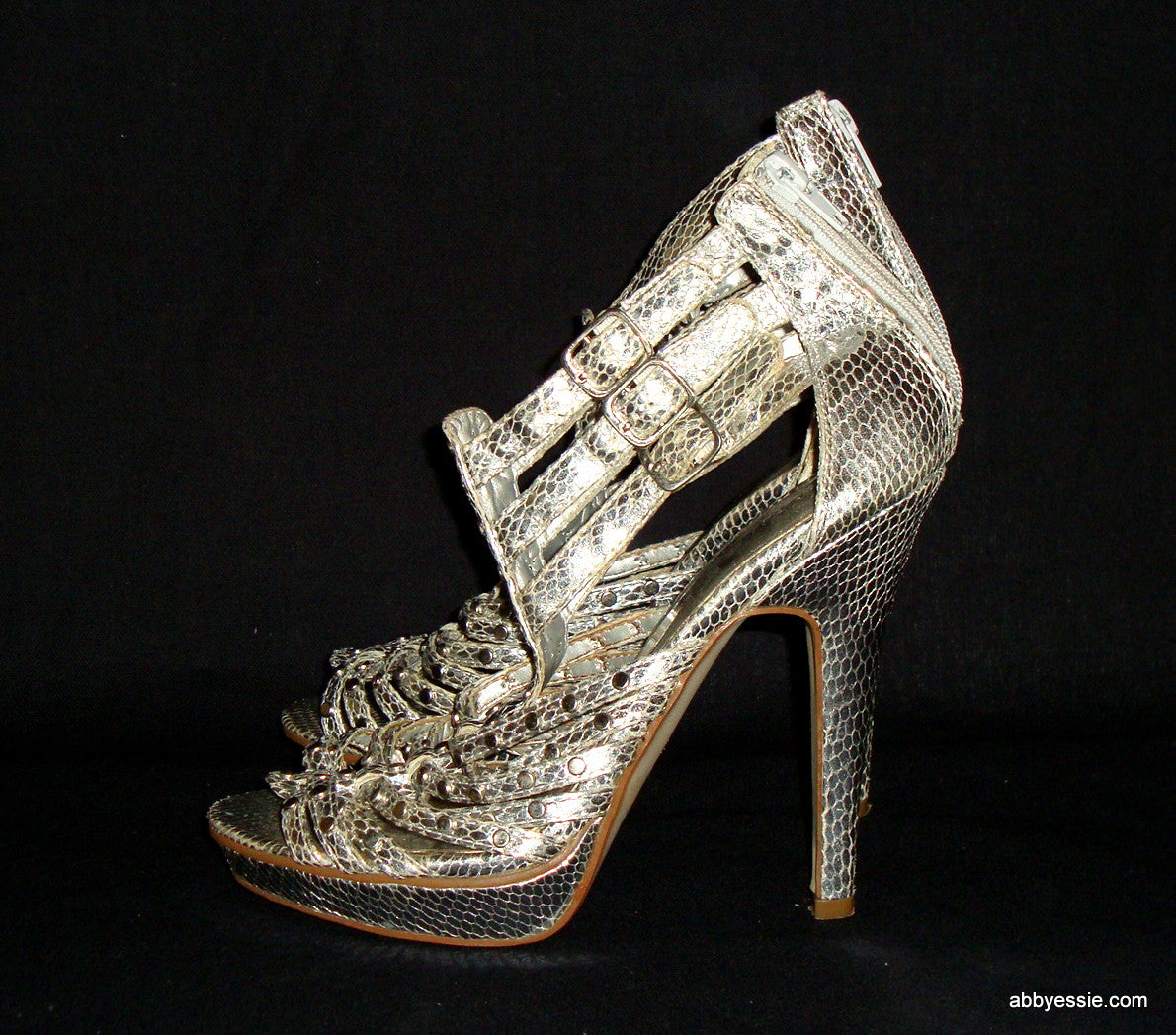 PAPRIKA – SILVER STUDDED SNAKESKIN PLATFORM STILETTO SANDALS SIZE 8.5M ZIPPER