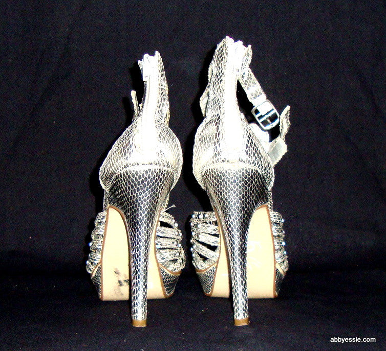 PAPRIKA – SILVER STUDDED SNAKESKIN PLATFORM STILETTO SANDALS SIZE 8.5M ZIPPER