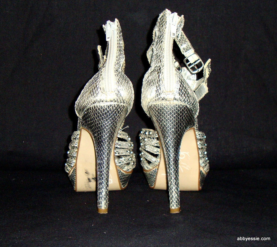 PAPRIKA – SILVER STUDDED SNAKESKIN PLATFORM STILETTO SANDALS SIZE 8.5M ZIPPER
