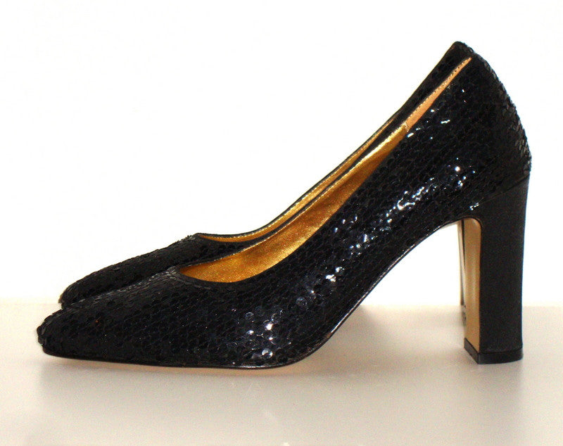 Vintage 80s does 40s BLACK SEQUINED great gatsby PUMPS SZ 9M LEATHER SOLE SHOES