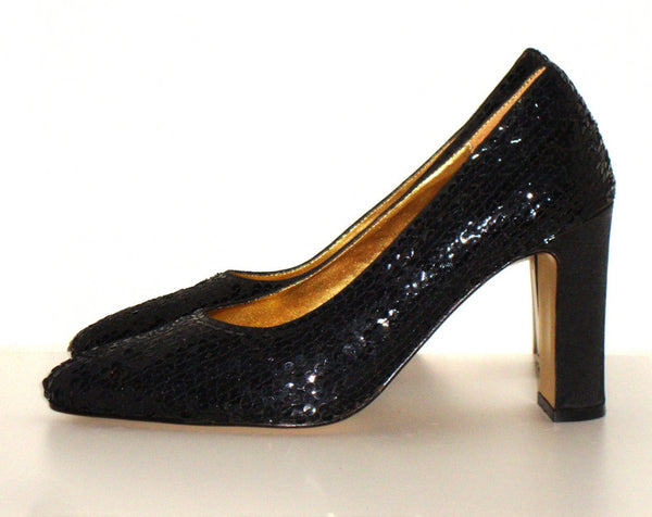Vintage 80s does 40s BLACK SEQUINED great gatsby PUMPS SZ 9M LEATHER S ...