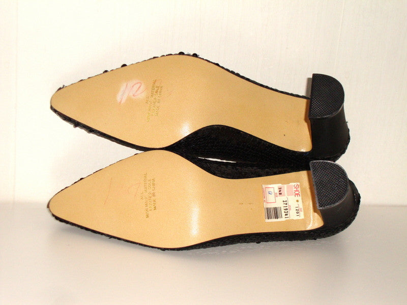 Vintage 80s does 40s BLACK SEQUINED great gatsby PUMPS SZ 9M LEATHER SOLE SHOES