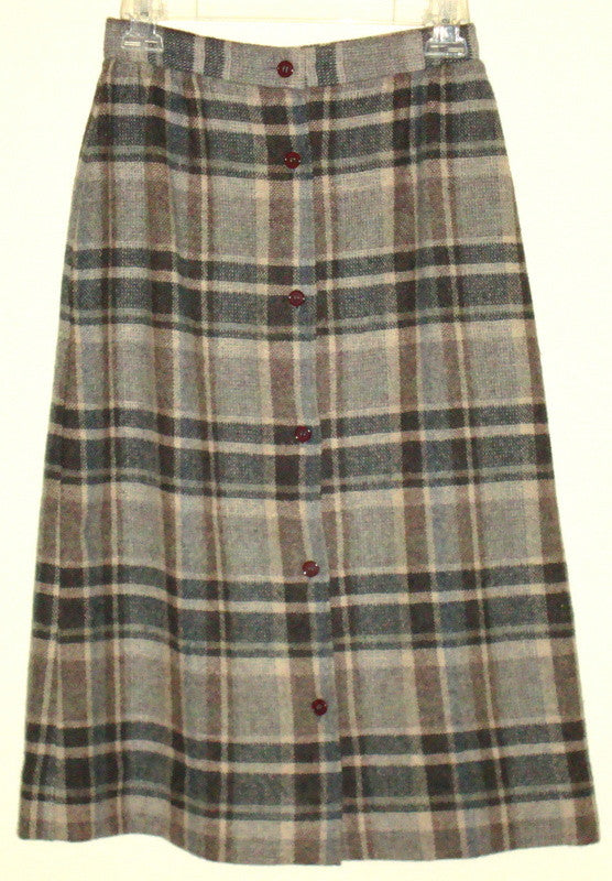 Vintage Cobblestones Gray Plaid Wool Button-Up Skirt
