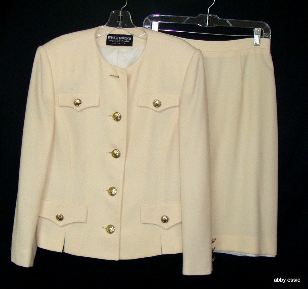Herbert Grossman Cynthia Sobel Cream Military Style Wool Skirt Suit 12  Large