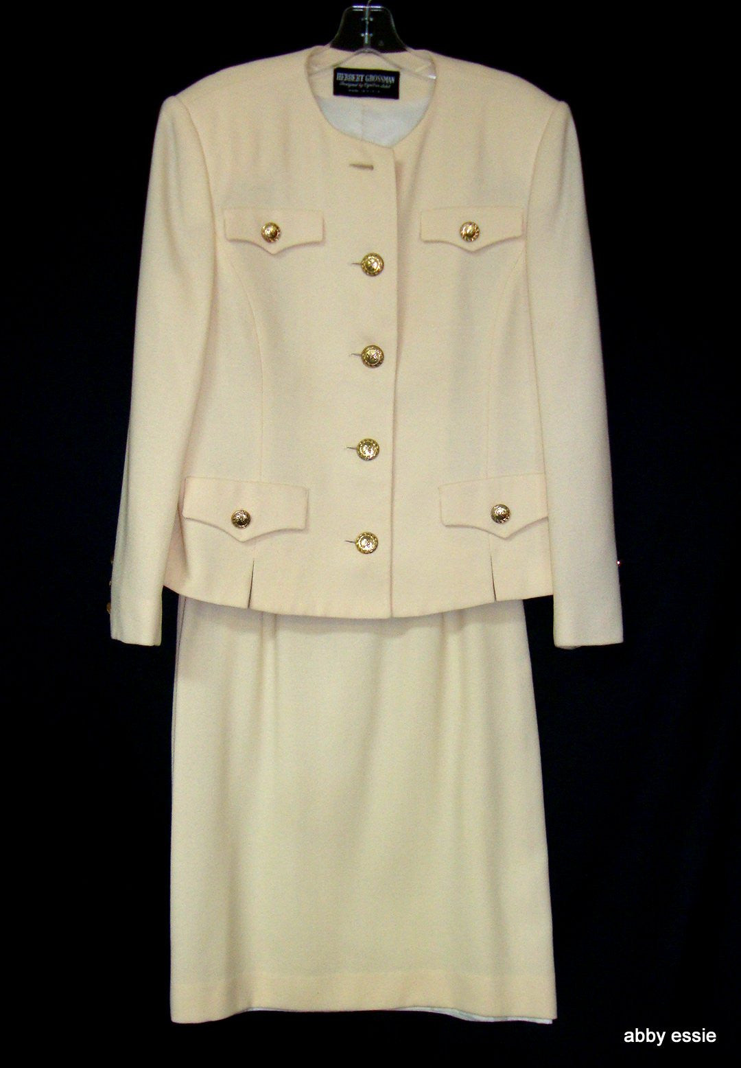 Herbert Grossman Cynthia Sobel Cream Military Style Wool Skirt Suit 12  Large