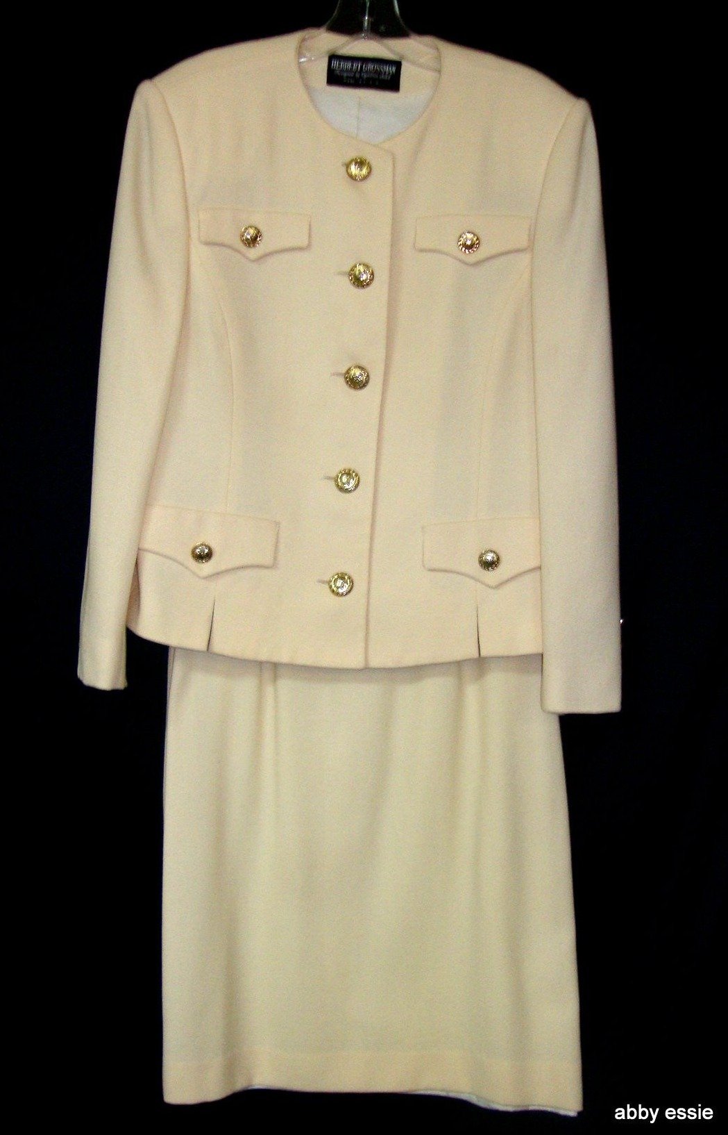 Herbert Grossman Cynthia Sobel Cream Military Style Wool Skirt Suit 12  Large Abby Essie