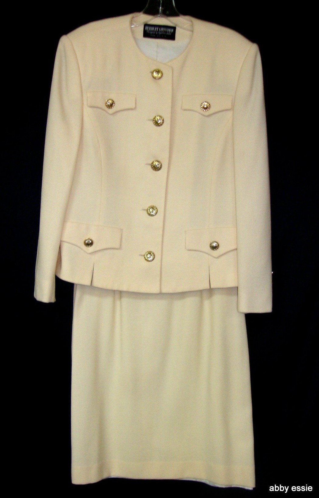 Herbert Grossman Cynthia Sobel Cream Military Style Wool Skirt Suit 12  Large